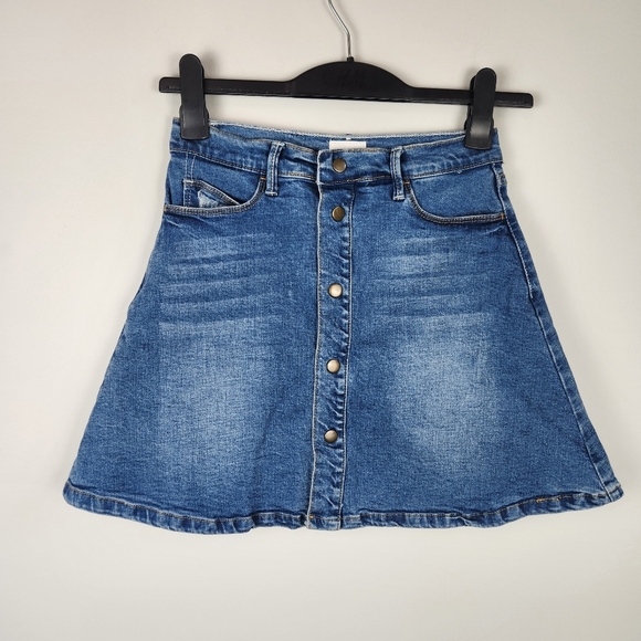 MOTHER Miranda Snap Down Mini Flare Skirt Denim Jean Size 27 - Picture 2 of 13